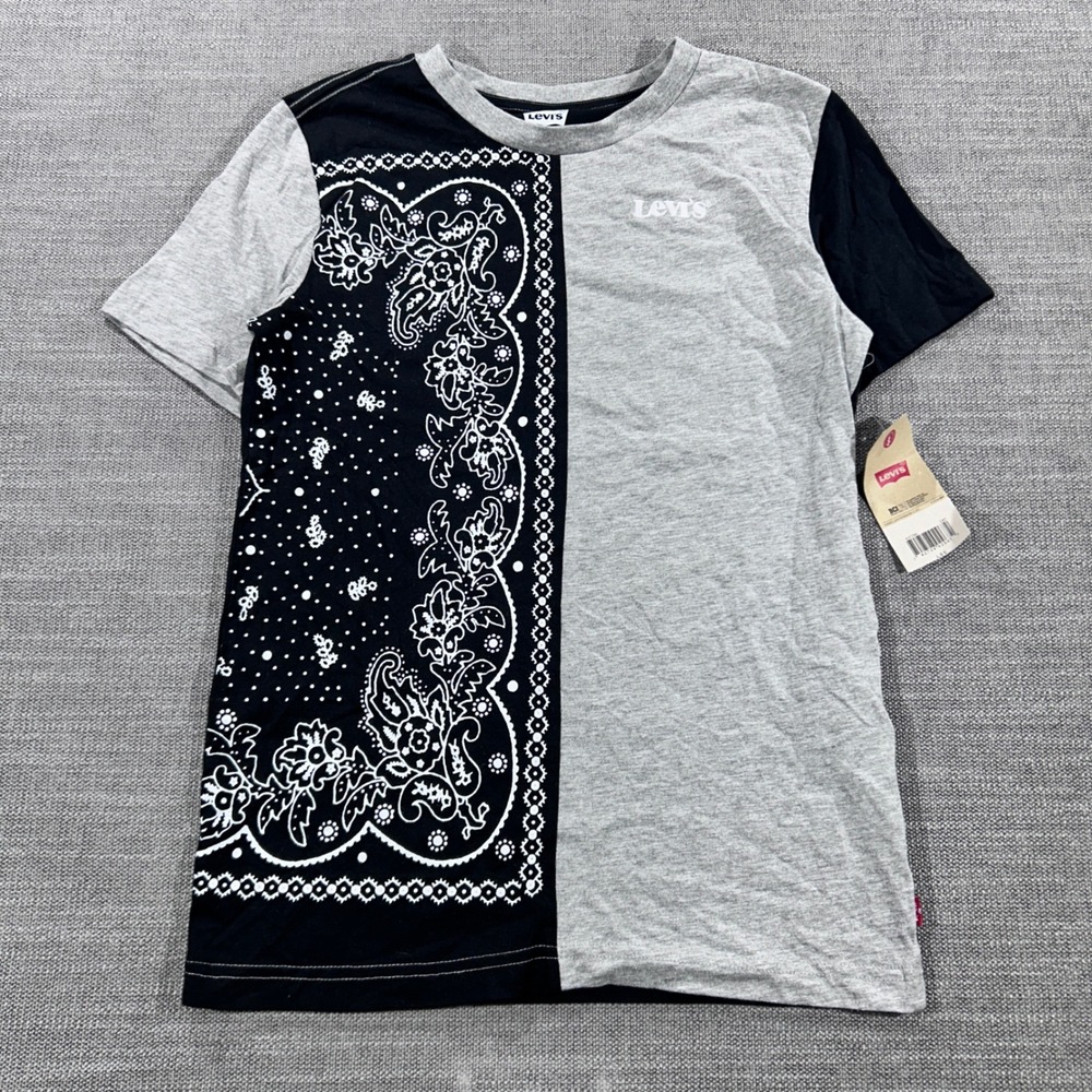 Levi's Bandana Graphic Tee Boys L Black Gray NEW Split Panel Paisley T-Shirt